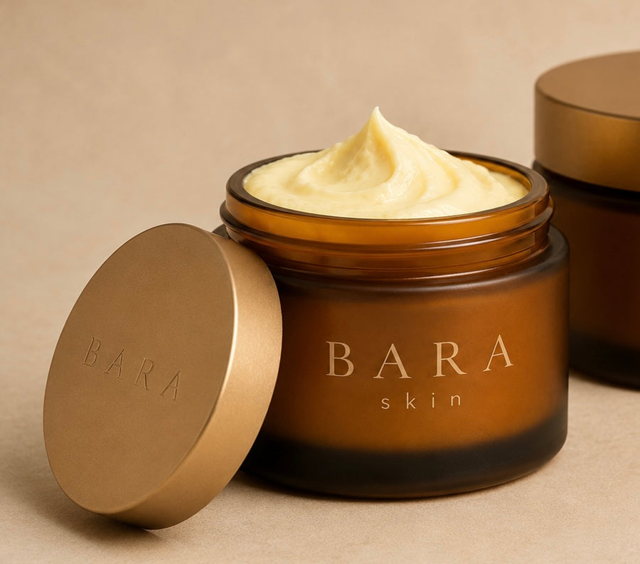 BARA skin cream jar with cream on a beige background